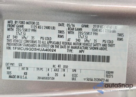 2017 Ford Escape Se z USA, uszkodzony, nr VIN 1FMCU9GD5HUA40024